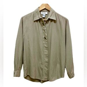 100% silk button down shirt blouse, long sleeves metal buttons, beige tan, Small